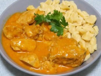 Traditional Hungarian Chicken Paprikash with Nokedli